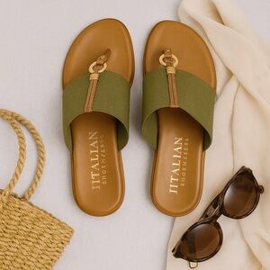 Italian Shoemakers Selah Sandals Olive Green Tan Gold Ring Made in Italy Size 8